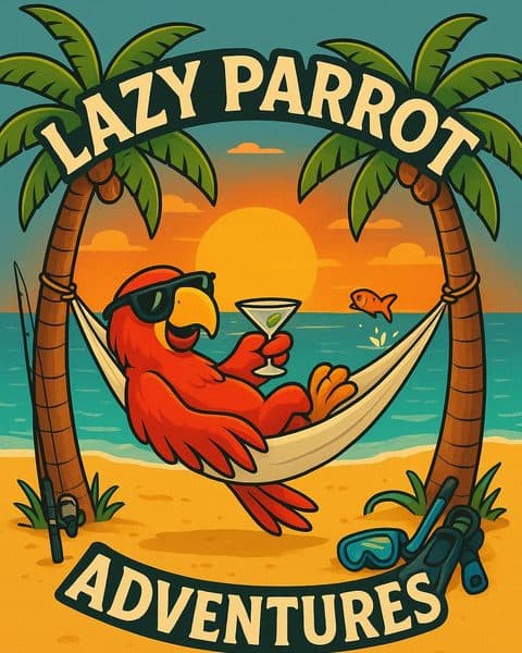 Lazy Parrot Adventures: a red parrot relaxing in a hammock between two palms
